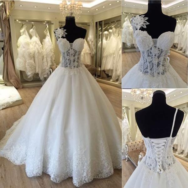 Hochzeit - Unique Design One Shoulder See Through A-line Lace Tulle Wedding Dresses, WD0172