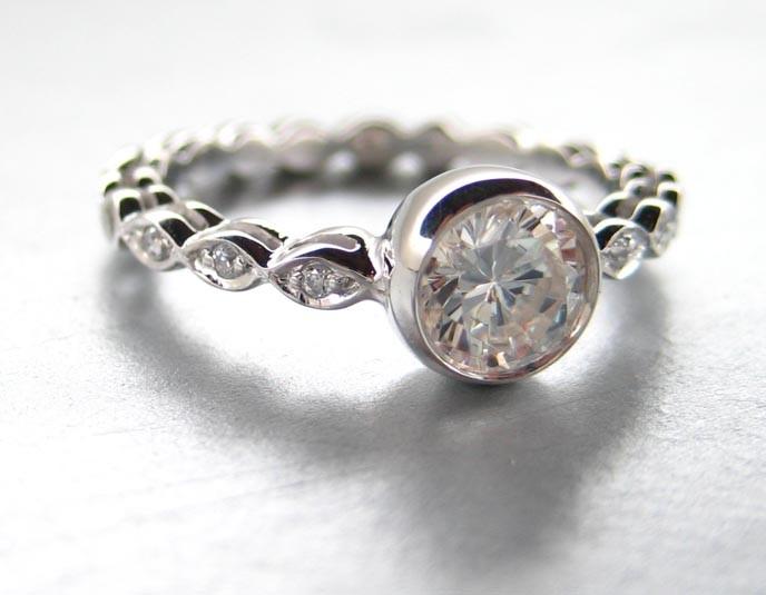 Hochzeit - White sapphire engagement ring. 14k white gold diamond ring.  Round white sapphire diamond ring.