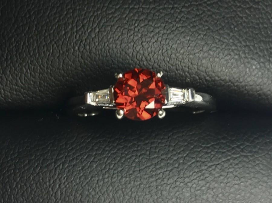Wedding - Diamond and Red Garnet 14K White Gold Engagement Ring, tapered baguette accent diamonds, classic engagement ring, size 7, natural red garnet