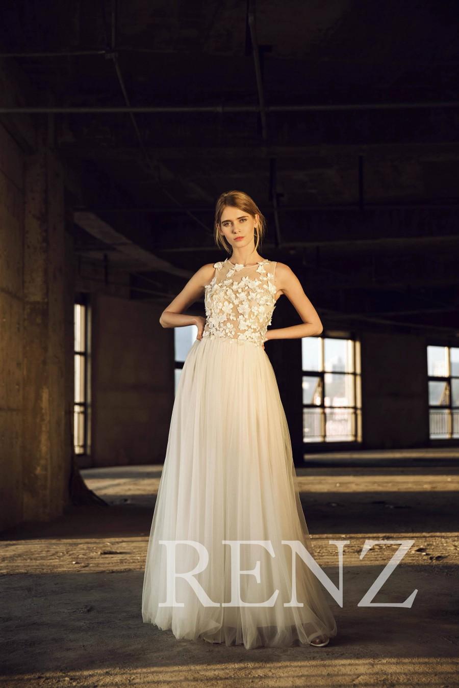 زفاف - Wedding Dress Off White Tulle Bride Dress,Lace Applique Bridal Dress,Sleeveless Lace Evening Dress,Illusion Boat Neck Long Maxi Dress(LW159)
