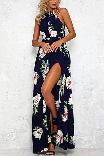 Hochzeit - Halter Neck Open Back Random Floral Print Maxi Dress In Navy