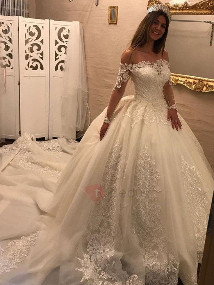 Hochzeit - Off The Shoulder Long Sleeves Appliques Ball Gown Wedding Dress