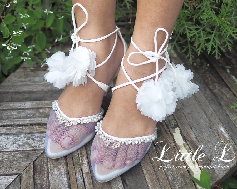 Wedding - Wedding Shoes - White Clear Shoes With Leather Flower Strap and Rhinestone and Pearl Custom Flat or Heels