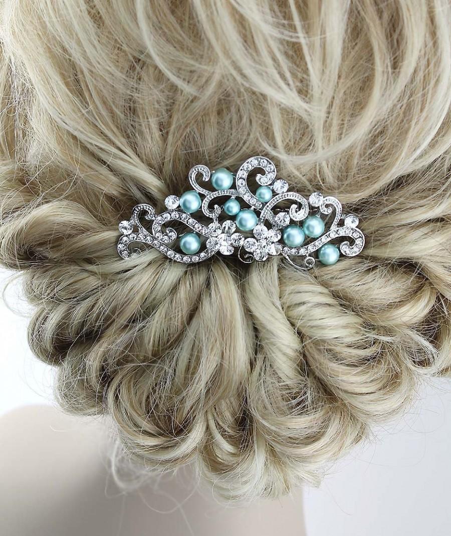Hochzeit - Blue Bridal Comb, Aqua Blue Wedding Hair Accessory, Crystal Blue Bridal Headpiece, Rhinestone Veil Combs, Ocean Blue Bridal Hair Jewelry