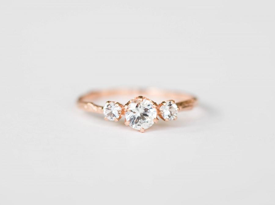 Hochzeit - Three stone white sapphire 14k gold twig engagement ring, three stone engagement ring, gold twig ring
