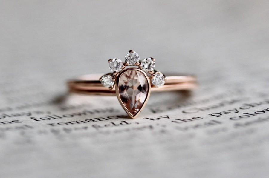 Mariage - 14K Morganite & Diamond Wedding Set, "Regal" , Morganite Engagement Ring, Morganite And Diamond Bridal Set, Pear Engagement Ring, Crown Ring