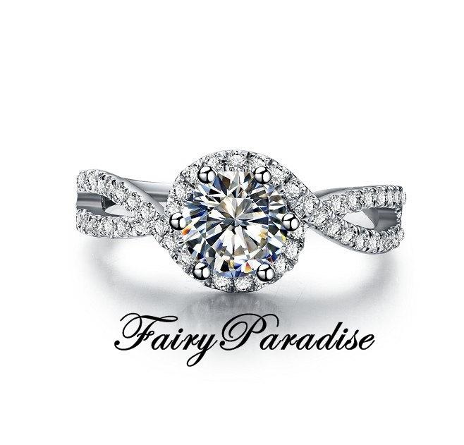 Hochzeit - 1 Ct (6.5 mm) Swirl Halo Engagement Ring, Round Cut Man Made Diamond, Art Deco Promise Rings, Twist Crisscross Infinity Band (FairyParadise)
