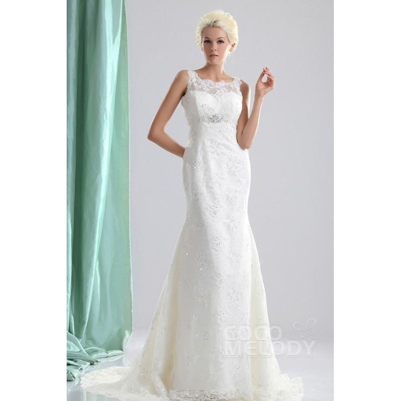 Hochzeit - Stylish Sheath-Column Illusion Neckline Court Train Lace Wedding Dress CWLT13050 - Top Designer Wedding Online-Shop