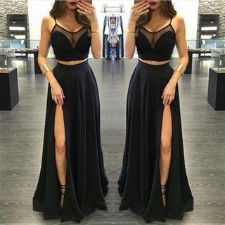 Mariage - Black Prom Dresses, Two Pieces Prom Dress, Side Slit Prom Dress,long Prom Dress,party Dress,BD1988