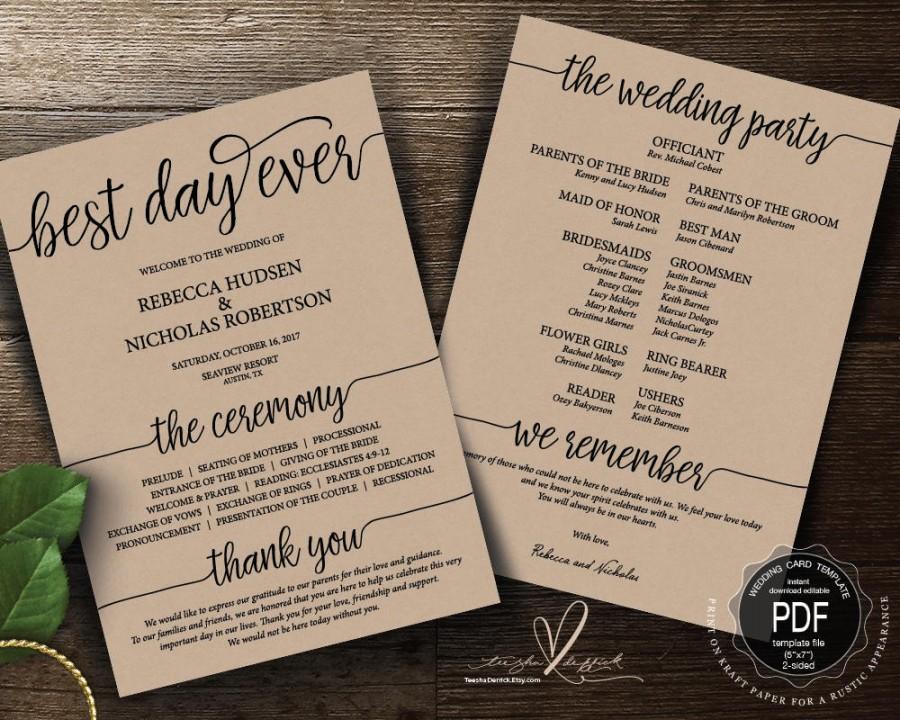 Свадьба - Best Day Ever Wedding Program PDF card template, instant download editable printable, Ceremony order card in Calligraphy theme (TED410_11)