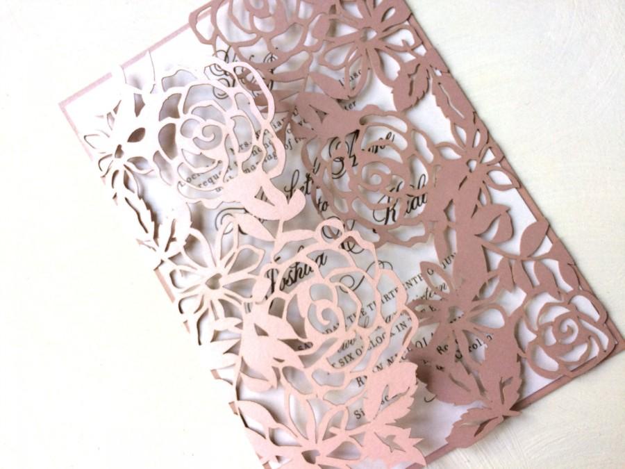 Hochzeit - Laser Cut Floral Wedding Invitation, Blush Rose Pink Wedding Invitation with Floral Design