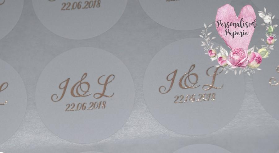 #688-F Wedding Date Stickers Wedding labels Gold or Other Color Foiled Names and Date Wedding Sticker Wedding Stickers