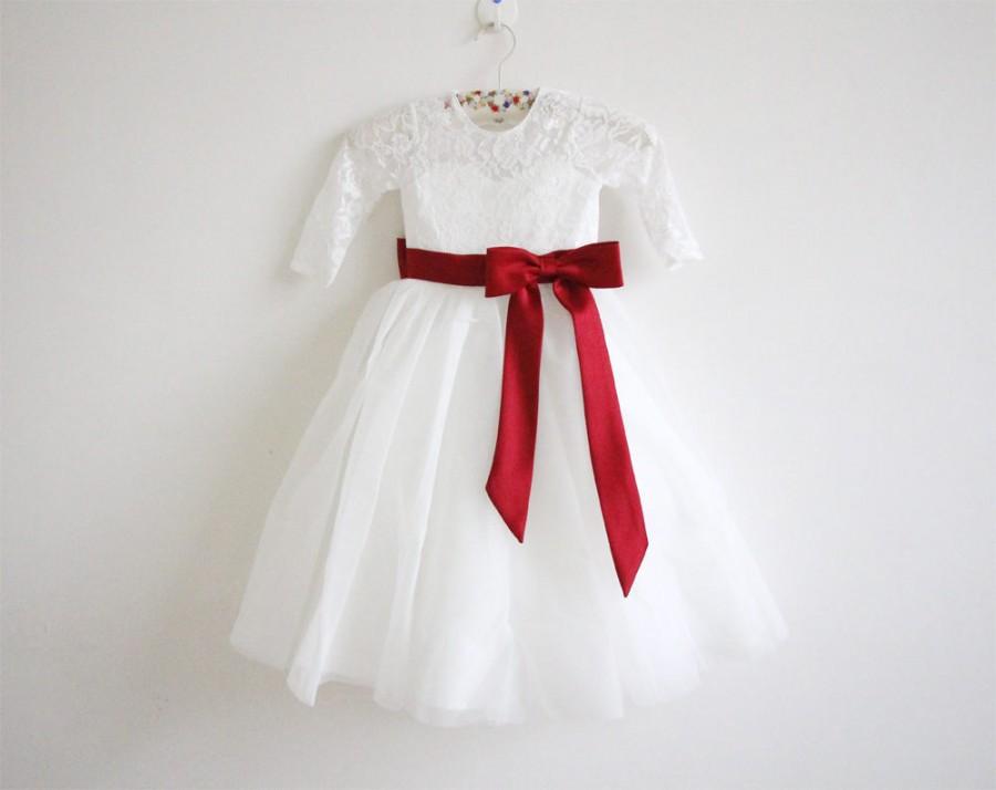 Hochzeit - Long Sleeves Light Ivory Flower Girl Dress Wine Sash Bows Lace Tulle Flower Girl Dress With Burgundy Sash/Bows