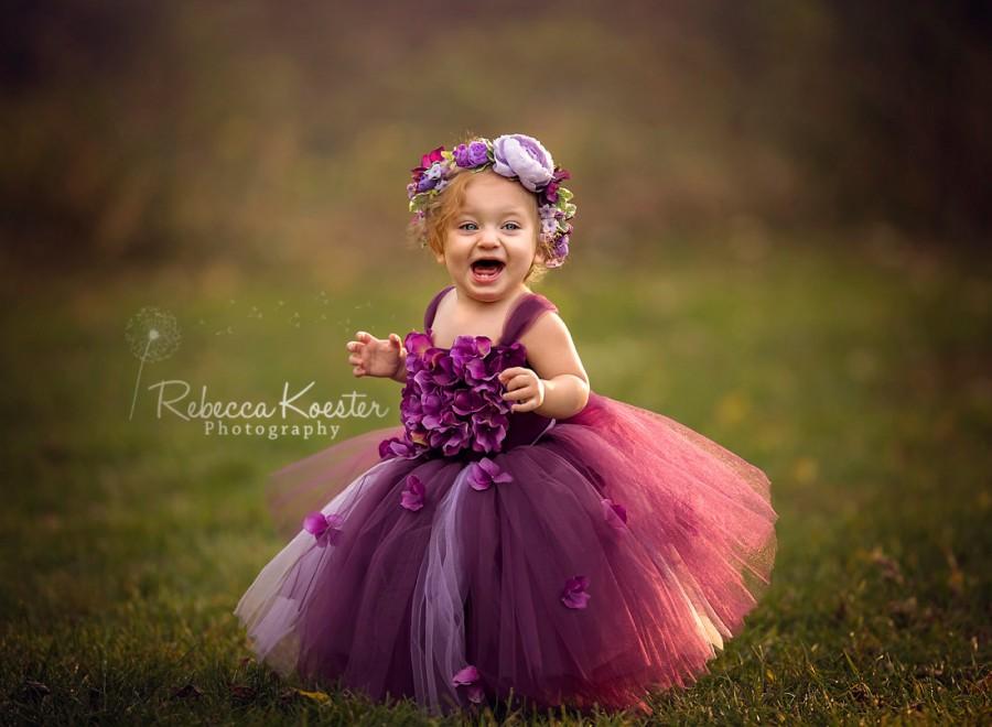 Mariage - Flower girl dress Deep Purple and Lavender tutu dress, flower top, hydrangea top, toddler tutu dress
