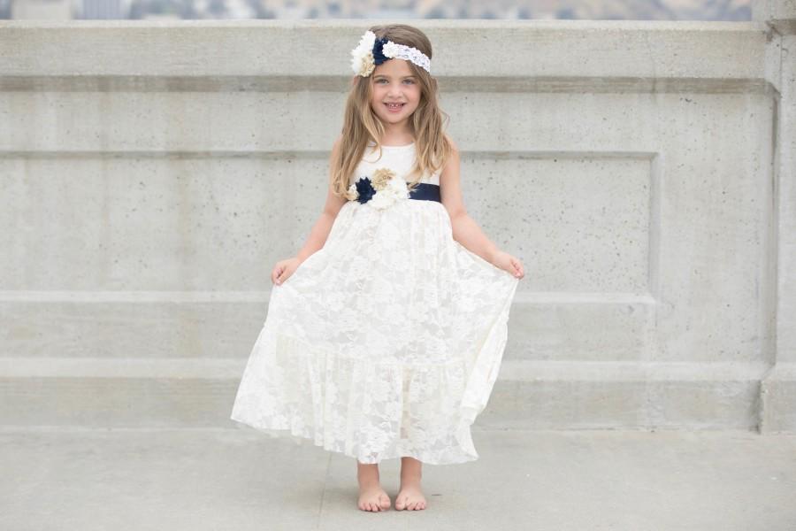 Mariage - Navy blue and ivory lace flower girl dress, flower girl dresses, ivory lace flower girl, baby dress, girl dresses, junior bridesmaid dress