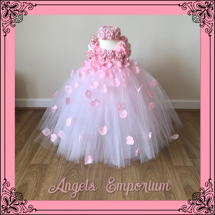 Wedding - Beautiful Pink Flower Girl Tutu Dress Embellished with Petals. Bridesmaids Weddings Christening Special Occasions.