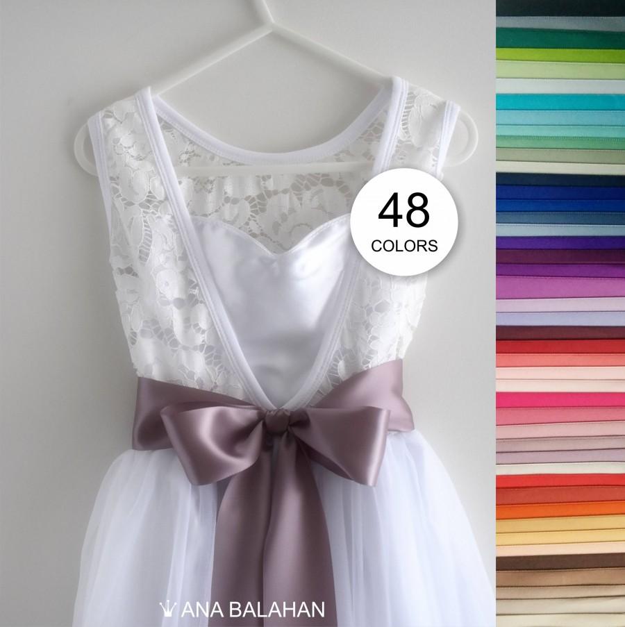 زفاف - Flower girl dress, V-neck dress and satin sash, First communion dress, Junior bridesmaid dress, Wedding toddler top lace dress, 48 colors