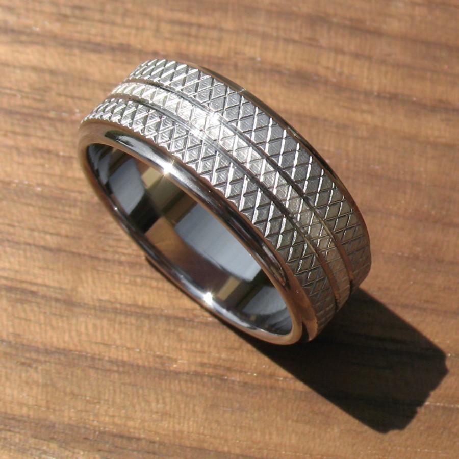 Wedding - Stainless Steel and Silver Knurled Ring Comfort Fit