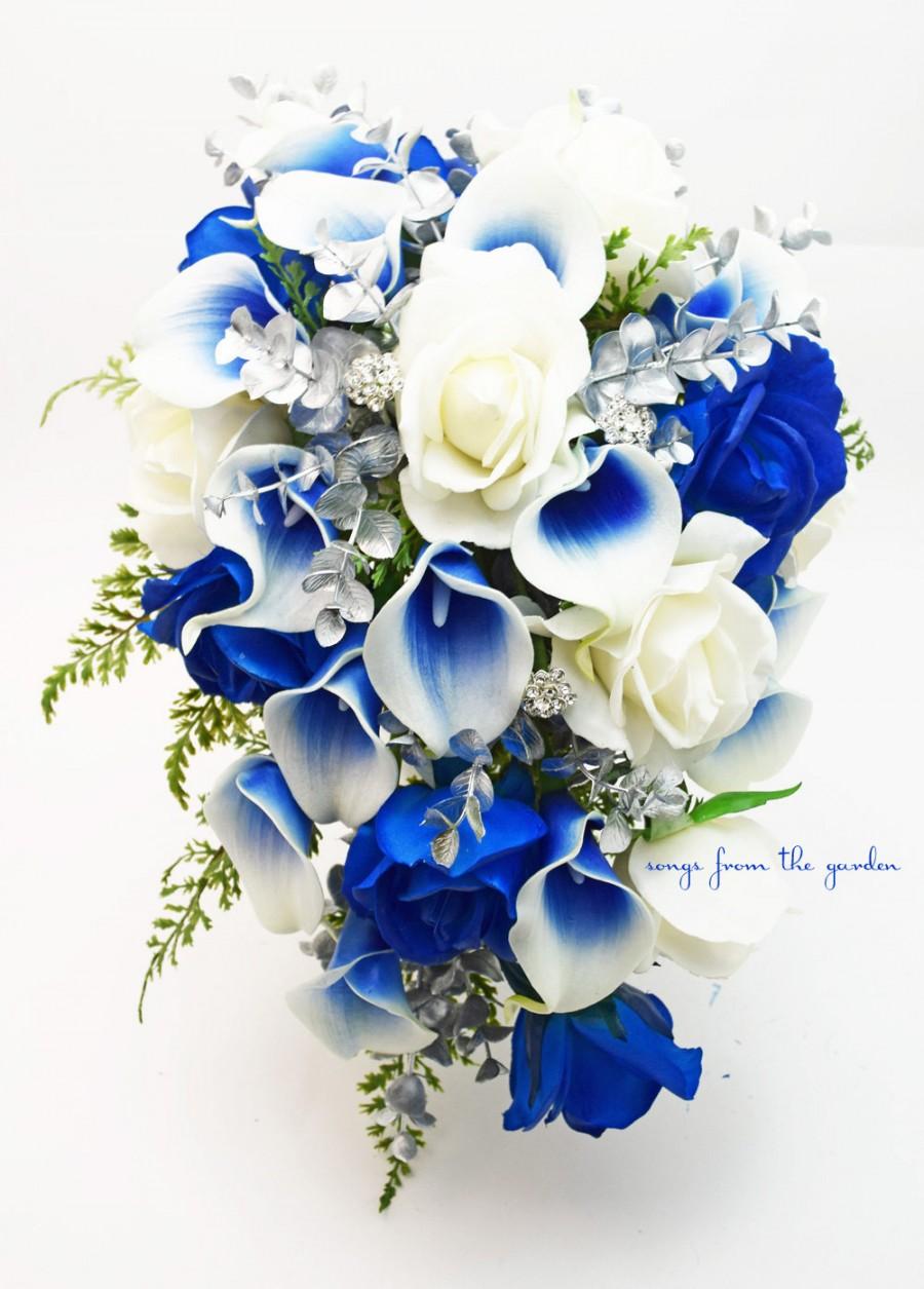 زفاف - Cascade Bridal Bouquet Silver Blue White - Picasso Callas Real Touch White Royal Blue Roses, Rhinestones - Customize for your Colors