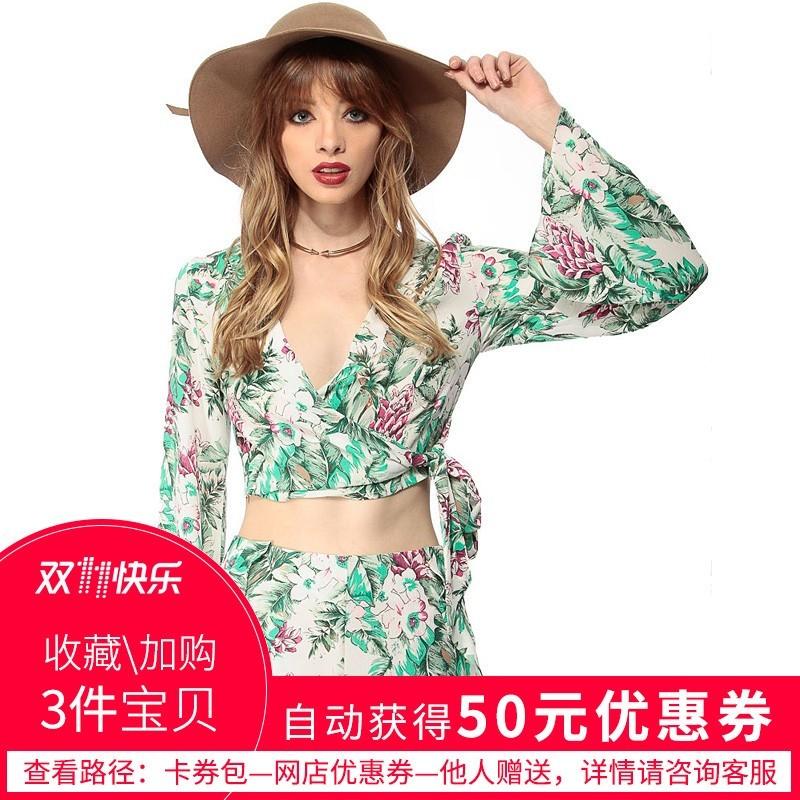 Mariage - Sexy Printed Slimming Flare Sleeves V-neck Vegetation Tie Crop Top Chiffon Top Top - Bonny YZOZO Boutique Store