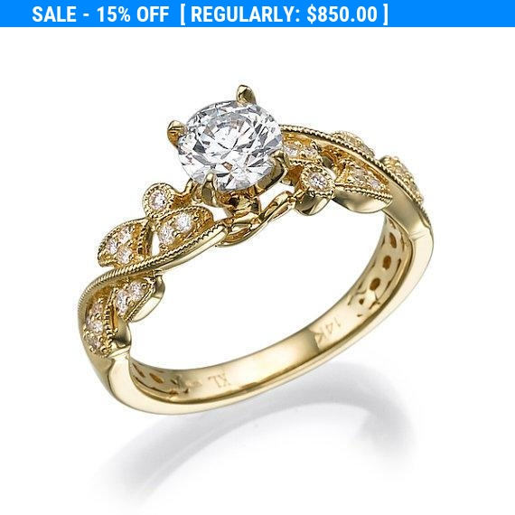 Wedding - Forever one moissanite engagement ring, Yellow Gold Ring, Antique Ring, Vintage ring, Alternative ring, Art deco Ring, 14k Gold Ring