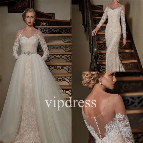 Hochzeit - Wedding Dresses Bridal Mermaid Detachable Gown Custom Lace Long Sleeve Halter