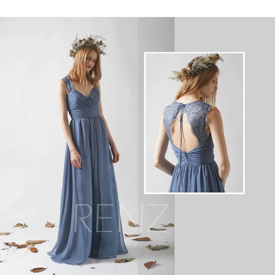 Mariage - Bridesmaid Dress Dark Steel Blue Chiffon Wedding Dress,Ruched V Neck Maxi Dress,Illusion Lace Open Back A Line Long Evening Dress(L230B)