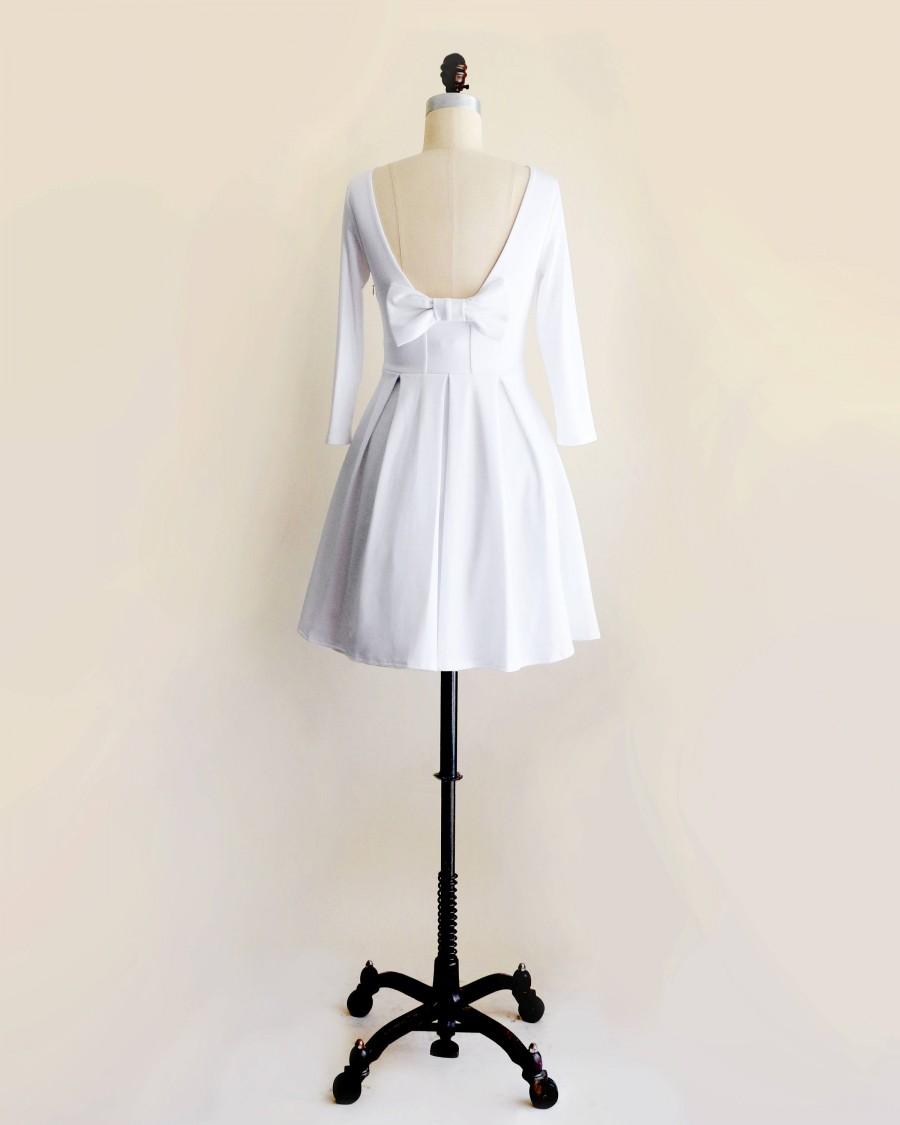 Wedding - DECEMBER - white dress with long sleeves. vintage inspired fit and flare dress with back bow. ponte knit little white dress