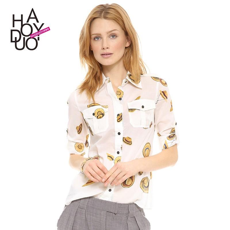 زفاف - New cute playful wind Hat pattern printing lapel long sleeve double Pocket blouse, - Bonny YZOZO Boutique Store