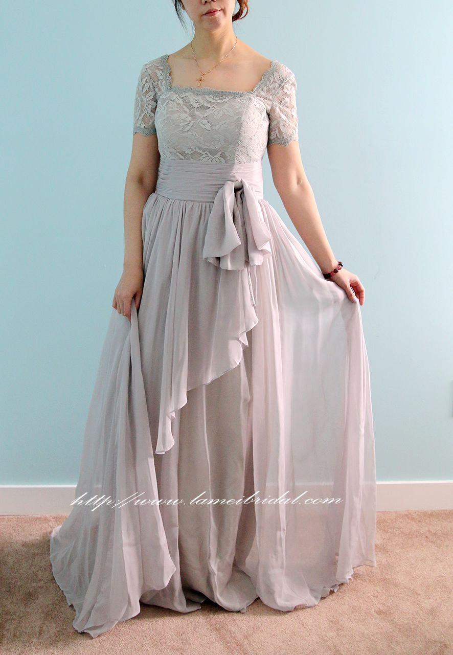 زفاف - Beautiful High Quality Floor Length Short Sleeve Lace Prom or Mother of the Bride Dress in Light Grey