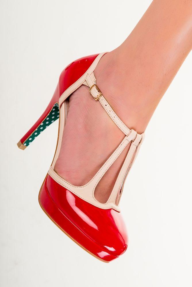 Свадьба - Banned BETTY Polka Dot VTG Shiny Pumps Varnished Shoes 50s Rockabilly Heels RED