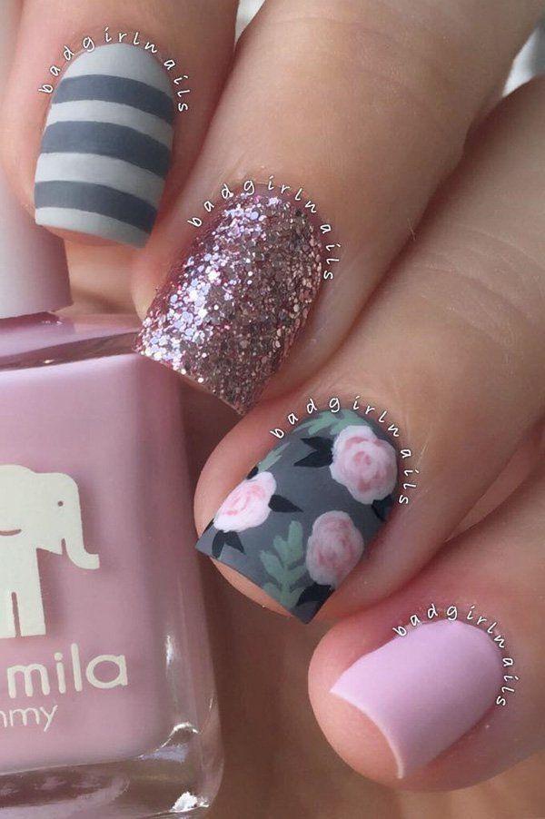 Gray Floral Nail Designs
