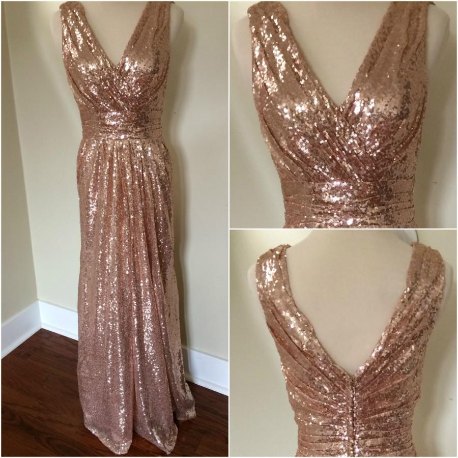 Wedding - Sequin bridesmaids dress, with V neck, ruched waistband and long gathered skirt. Flattering and comfortable for bridesmaids, wedding or ball