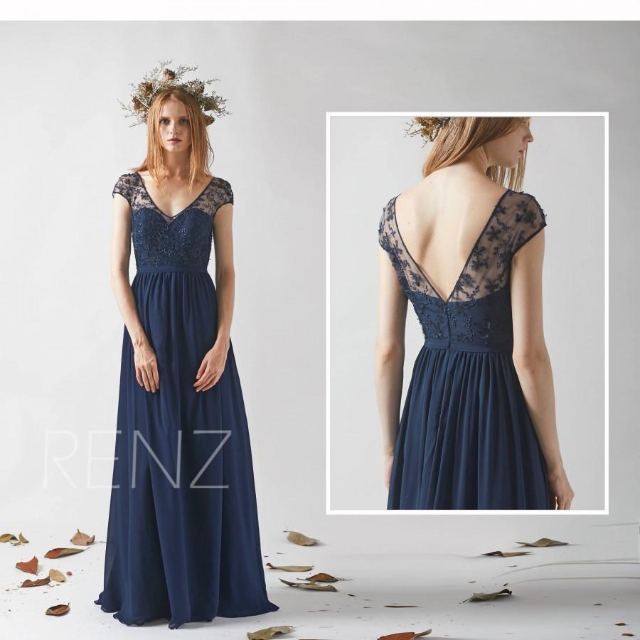 Hochzeit - Bridesmaid Dress Navy Blue Cap Sleeve Chiffon Wedding Dress,V Neck Illusion Lace Prom Dress,A line Maxi Dress,Sweetheart Evening Dress(H526)
