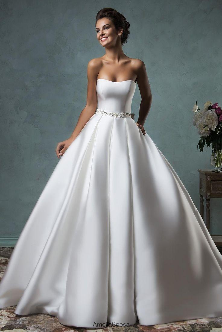 Hochzeit - Amelia Sposa 2016 Strapless Wedding Dresses Satin Ball Gown Bridal Gowns With Beaded Sash And Chapel Train And Bow Back