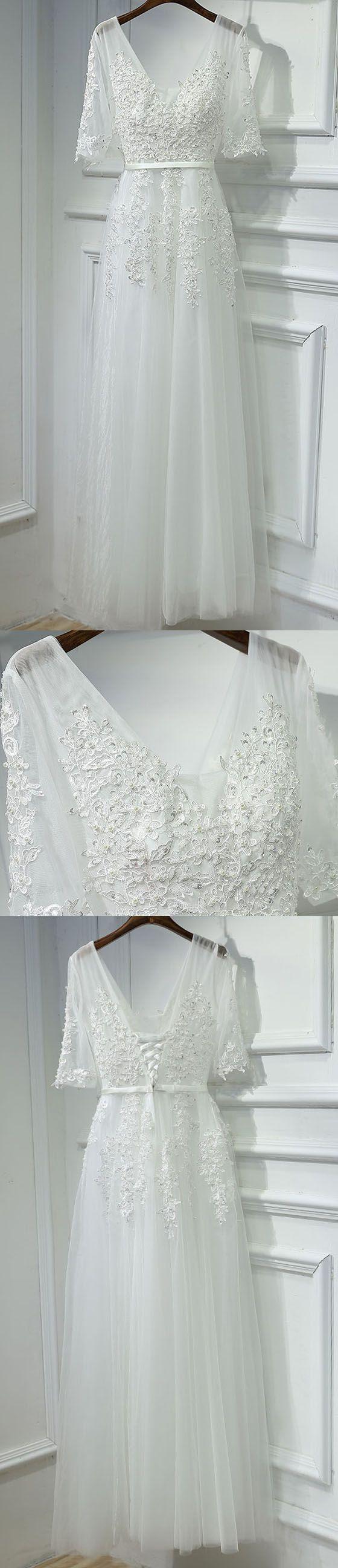 زفاف - Off White Half Sleeves Tulle Applique Lace Up Back V Neck Long Prom Dresses, BGP005 - US0 / Picture Color