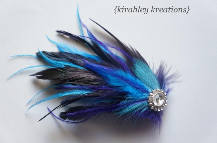 Свадьба - Purple Teal Turquoise Feather Fascinator Prom Hair Clip Bride Bridal Bridesmaid Wedding PHEOBE Headpiece Sparkling Rhinestone Customize
