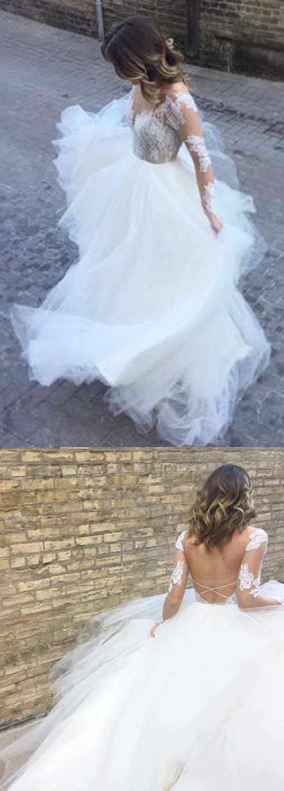زفاف - Open Back Inexpensive Long Sleeves Lace Long Bridal Wedding Dresses, PM0635
