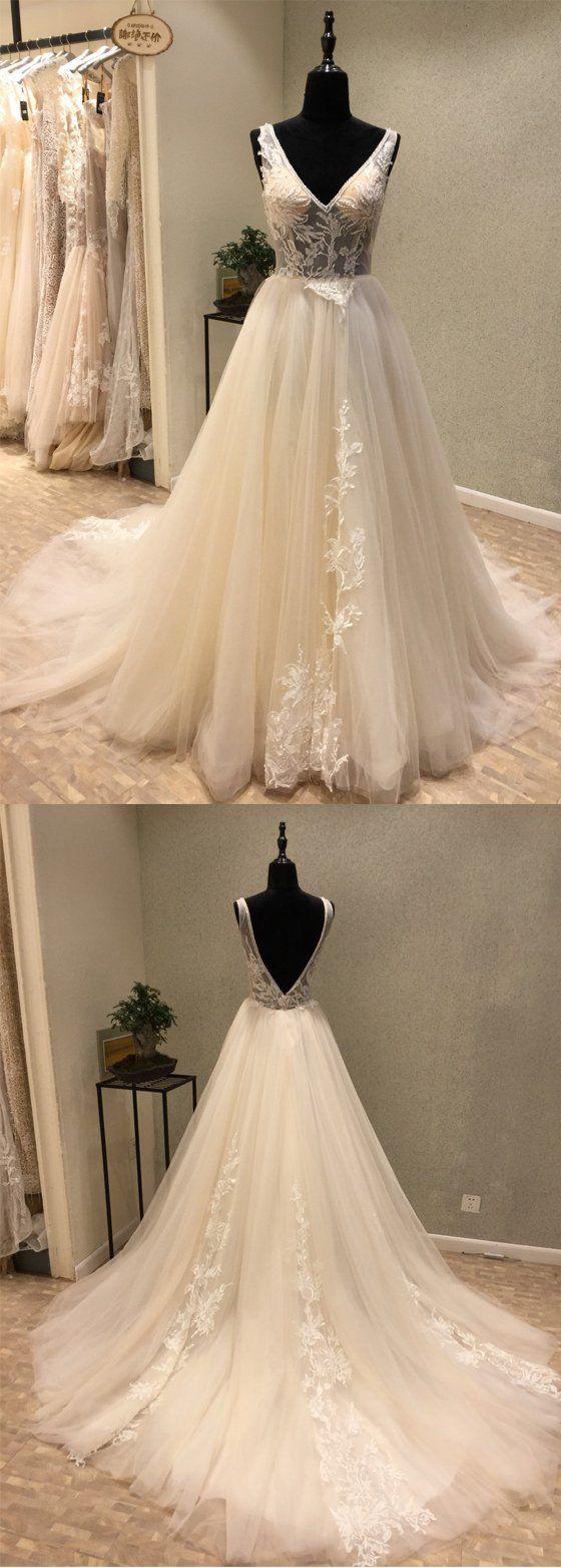 زفاف - Charming V Neck Tulle Applique V Back Long Wedding Dress For Brides, WG1207