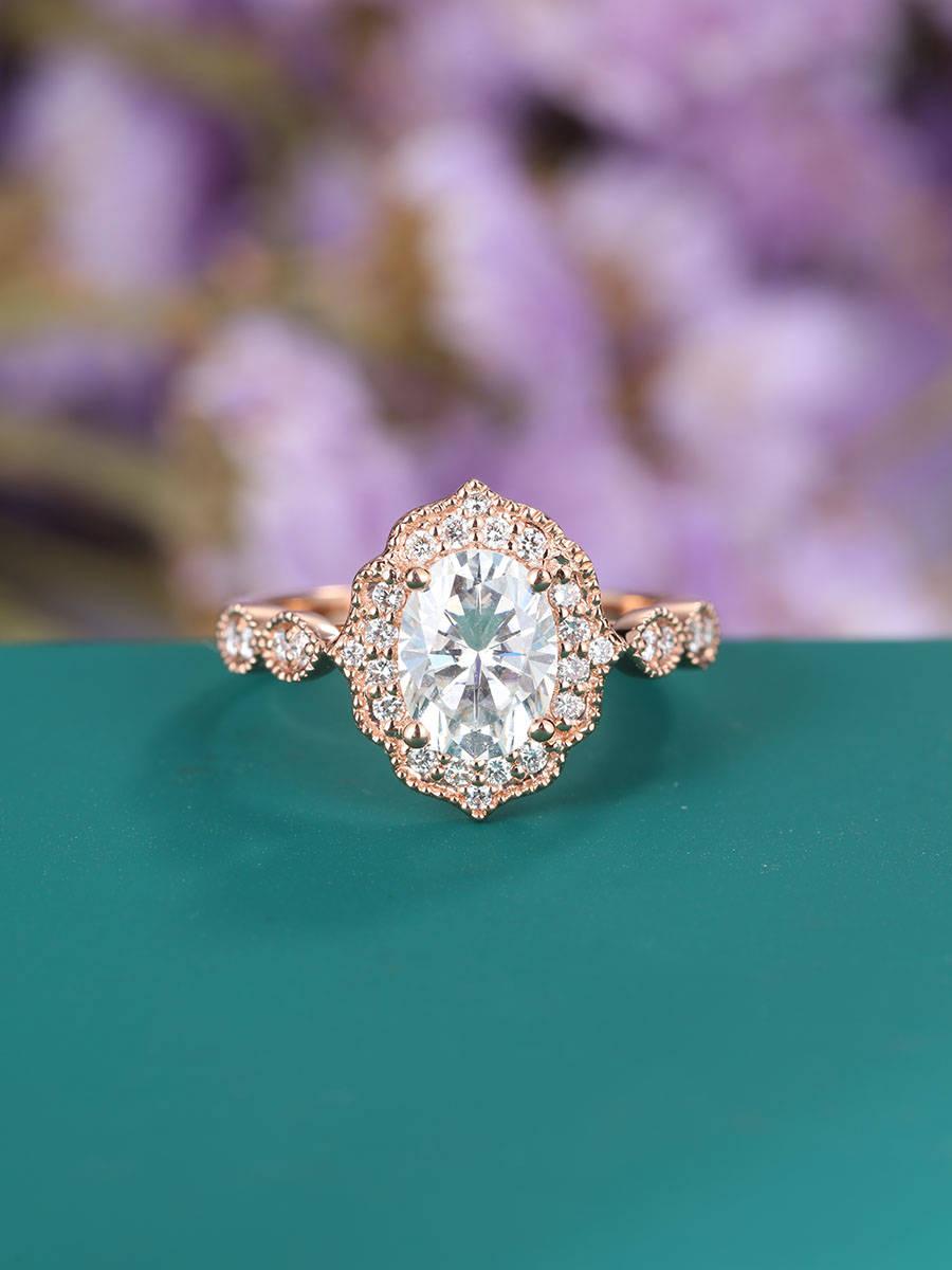 زفاف - Vintage engagement ring Rose gold Antique Art deco Moissanite Oval Milgrain Halo set diamond Wedding Women bridal Half eternity Anniversary