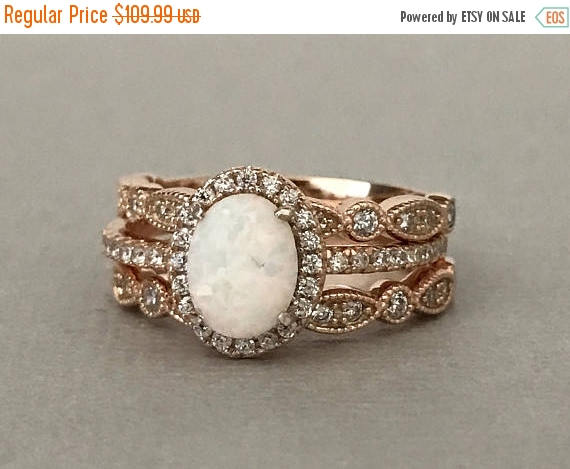 Hochzeit - White Opal Art Deco Rose Gold Simulated Diamond Engagement Set Sterling Silver 3PC Fancy Wedding Engagement Promise Band Ring Set