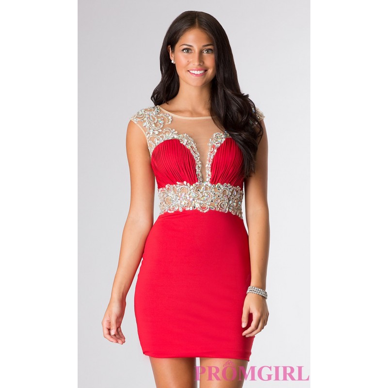 زفاف - Short Cap Sleeve Rhinestone Embellished Dress - Brand Prom Dresses