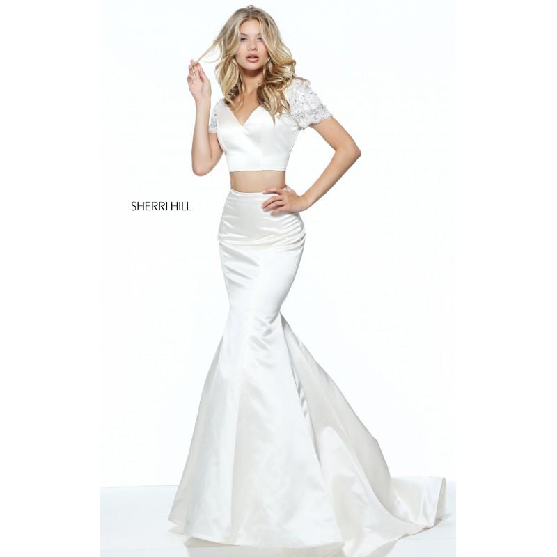 Hochzeit - Sherri Hill 51119 Prom Dress - Long Sherri Hill Prom 2 PC, Crop Top, Trumpet Skirt Illusion, V Neck Dress - 2017 New Wedding Dresses