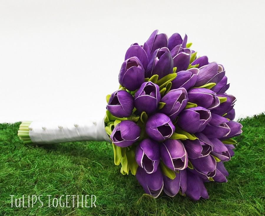 Hochzeit - Purple Real Touch Tulip Wedding Bouquet - Ready for Quick Shipment 3 Dozen Tulips Customize Your Wedding Bouquet - Bridal Bridesmaid Bouquet