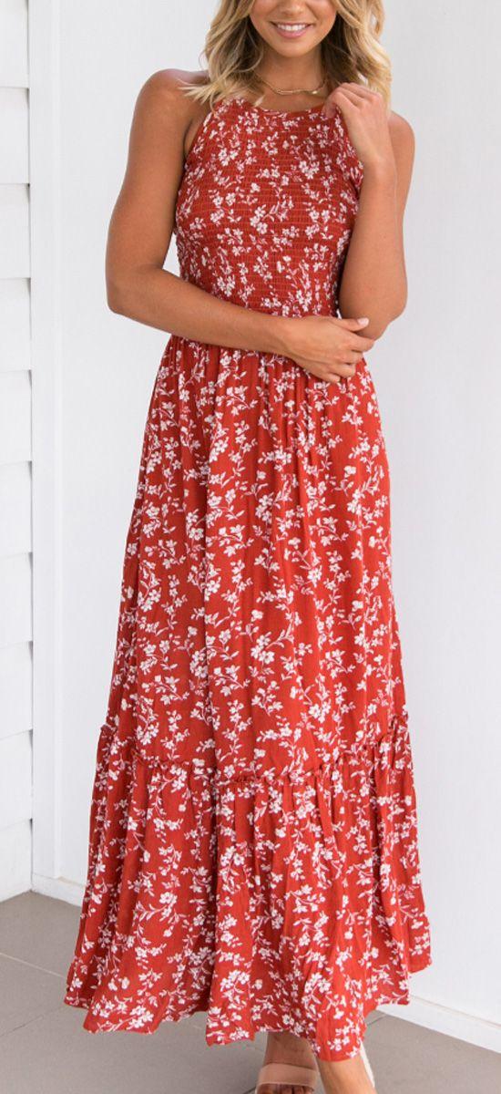 Wedding - Red Halter Shirred Floral Print Lace Up Back Maxi Dress