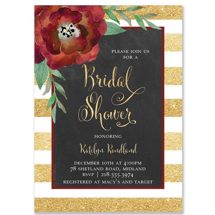 Wedding - "Katelyn" Gold   White Stripe Chalkboard Christmas Bridal Shower Invitation