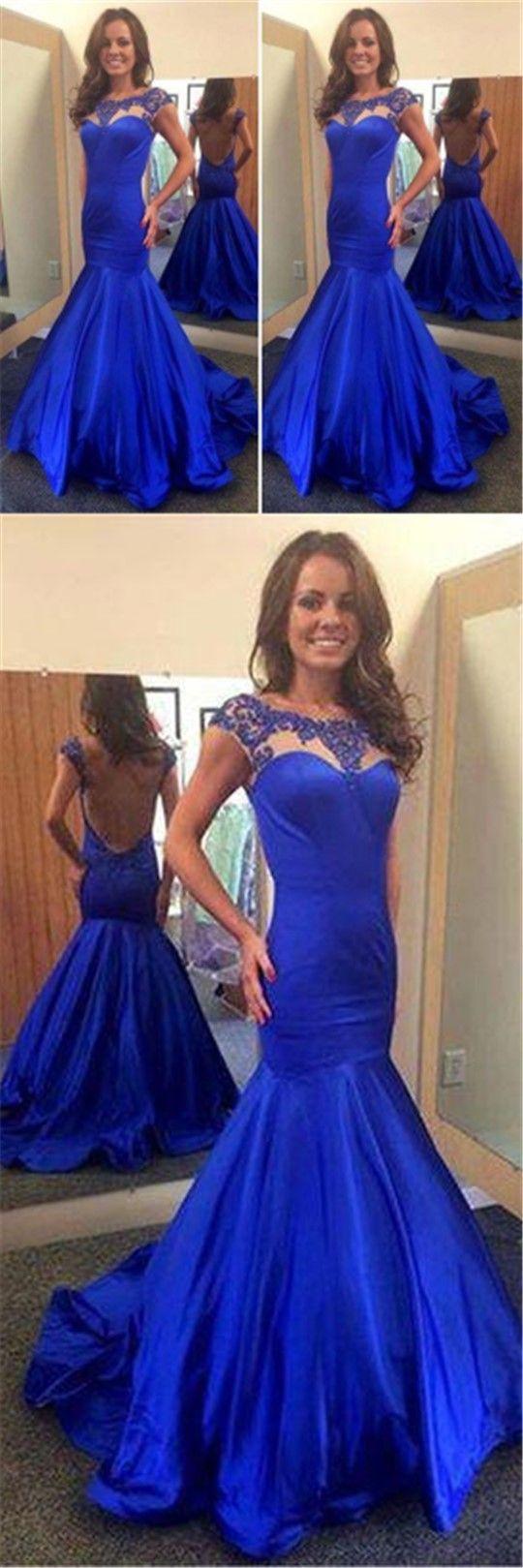 Mariage - Scoop Neckline Royal Blue Satin Beaded Backless Long Mermaid Prom Dresses, PD0288
