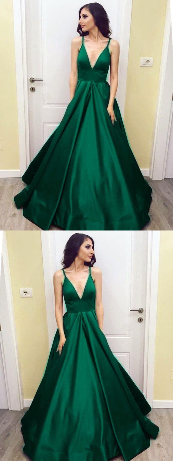 Mariage - Sexy Deep V Neck Long Satin Ball Gowns Prom Dresses 2018