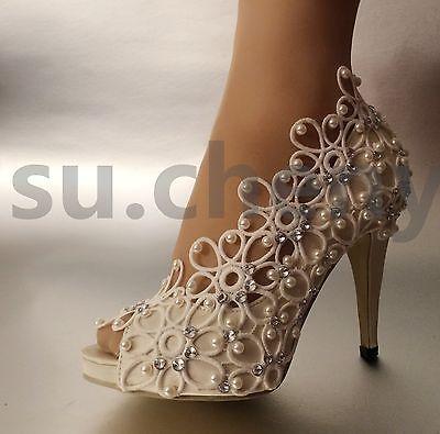 3" 4” heels white ivory satin lace ribbon open toe Wedding shoes bride size 5~11 