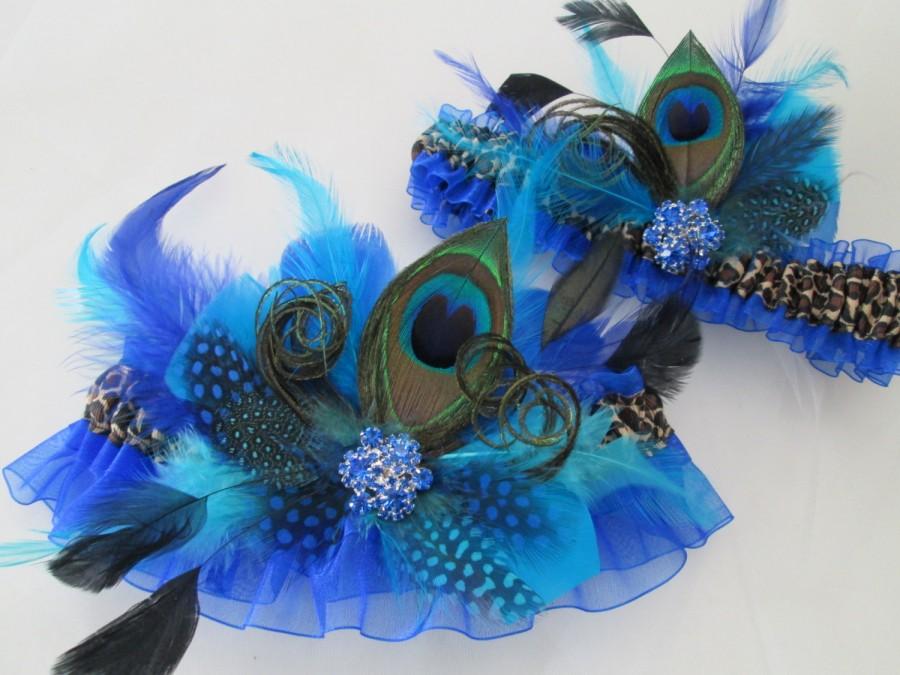 Wedding - Royal Blue Garter Set, Peacock Bridal Garter, Leopard Garter, Teal Blue / Turquoise Garters, Blue Prom Garters, Something Blue